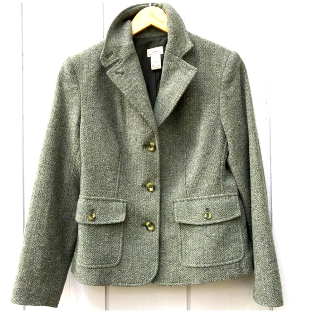 Vintage L.L.BEAN Herringbone wool silk tweed hunting green jacket women size M